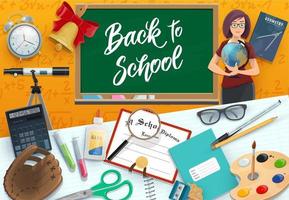 Teacher, school and student supplies, chalkboard vector