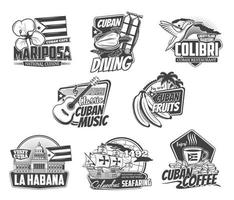 Cuba icons, Havana travel, culture and food vector