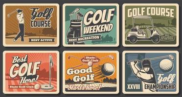 Golf sport clubs, balls, tees, flags on course vector