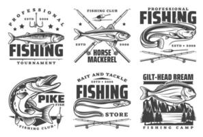 Professional fishing sport, fisherman club badges vector