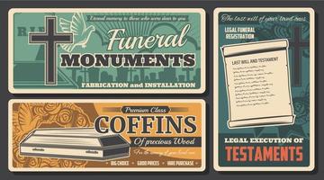 ataúd, monumento y testamento de funeral vector