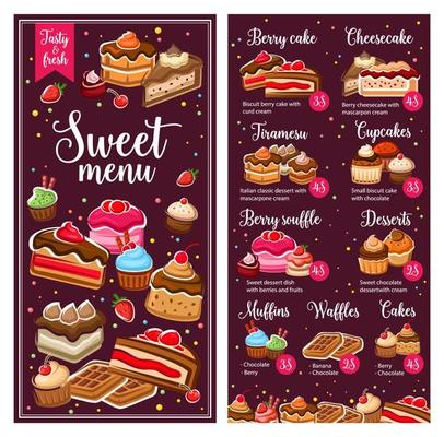 Bakery pastry sweets, cafe and patisserie menu