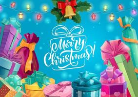 Christmas gifts with Xmas bell, holly and lights vector