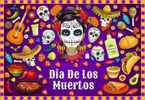 dia de los muertos calaveras mexicanas y comida de fiesta vector