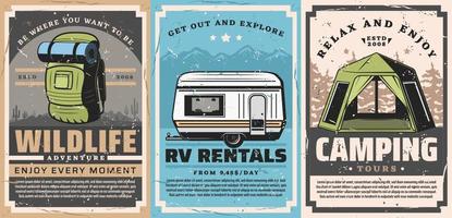 Camping tent, tourist backpack, rv trailer. Travel vector