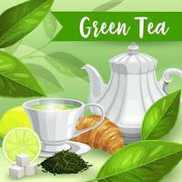 Green tea, lime and croissant, herbal drink poster vector