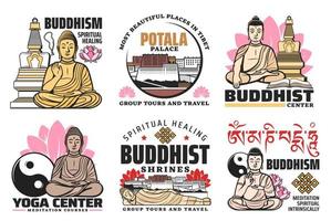 Buddhism religion Buddha, lotus, Palace icons vector