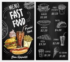 menú de pizarra con bocetos de tiza de comida rápida vector