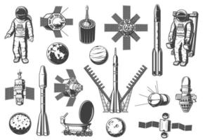 Rockets shuttles icons, astronomy and outer space vector