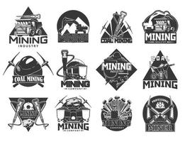 Mining industry, coal extraction icons vector