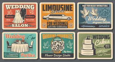 Wedding service vintage posters, bride dress salon vector