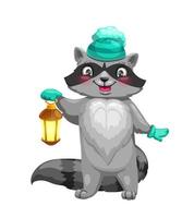 Raccoon animal with knitted hat and lantern vector