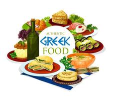 platos griegos de carne y verduras con postre vector