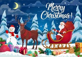 Santa and Christmas gifts on reindeer sleign vector