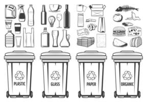 Garbage recycling bins, wastes trash containers vector