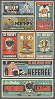 Ice hockey sticks, pucks, sport player trophy cup vector