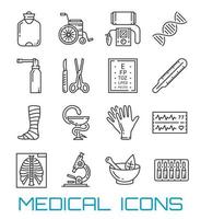 iconos de línea delgada de medicina, salud y farmacia vector