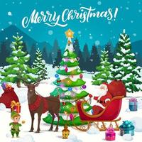 Santa with Xmas gifts and elf on reindeer sleigh vector