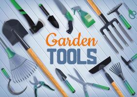Garden shovel, fork, axe, scissors. Farm tools