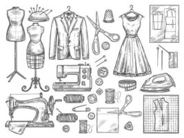 Tailoring and dressmaking vector sketch icons