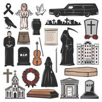 ataúd funerario, tumba, vela y cruz de lápida vector