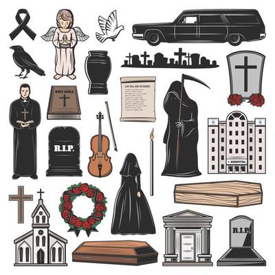 Funeral coffin, grave, candle and tombstone cross