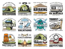 Camp tent, hiking boots, tourist backpack, skis vector