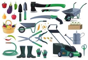 Gardening, farming equipment ant tools vector