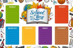 School timetable week schedule, color notes vector