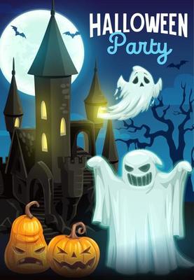 Halloween ghosts with pumpkins and haunted house