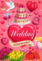 Wedding day ceremony invitation, cake hearts vector