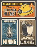 Coal mining retro posters. Miners equipment vector