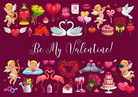 Valentines day greetings. Cupid, heart, love signs vector