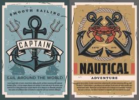 Nautical vintage posters with ship anchors vector