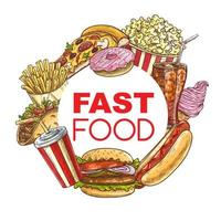Fast food meals and snacks sketch frame vector