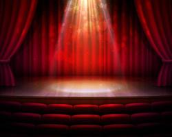 escenario, cortinas rojas, centro de atención, fondo de asientos