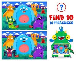 Cartoon monster characters, find ten differences vector