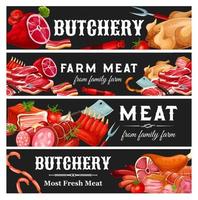 Butcher shop meat and sausages, farm market vector