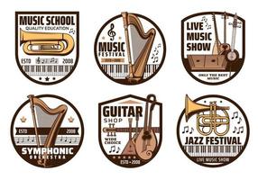 Piano, harp, trumpet and shamisen with music notes vector