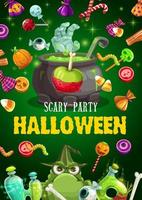 Halloween candies, potion cauldron and zombie hand vector