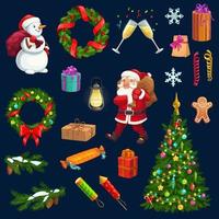 Christmas tree, gift, Santa, snowman, snow icons vector