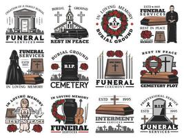 Funeral ceremony icons with coffins on cemetery vector