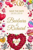 Save the Date wedding rings and flowers heart vector