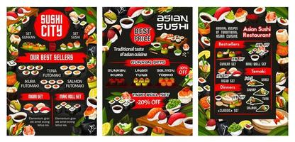 menú de sushi japonés, buffet de restaurante de comida asiática vector