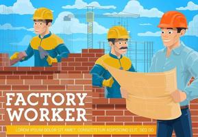 Bricklayer and architect at construction site vector