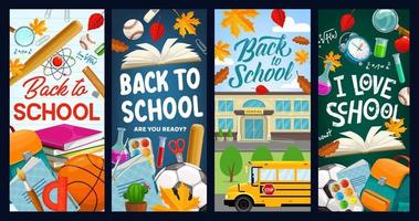 Back to school, student lesson books, pens, leaves vector