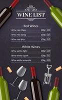 Wine list with bottles, glasses and corkscrew vector