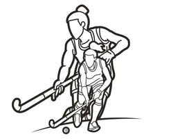 Outline Group of  Field Hockey Sport Female Players Action Together vector