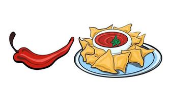 Vector Mexican traditional dish Nachos drawn in flat cartoon style with chili sauce.