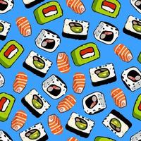 Vector sushi menu template with Philadelphia roll, California roll, Sake nigiri, Tamago nigiri isolated. Japanese food. Menu design. Seamless pattern with sushi